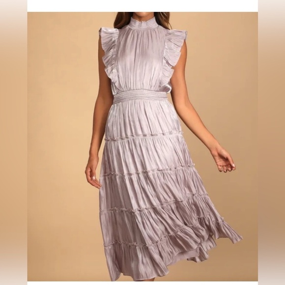 Take a Glance Lilac Tiered Mock Neck Midi Dress - Picture 1 of 5